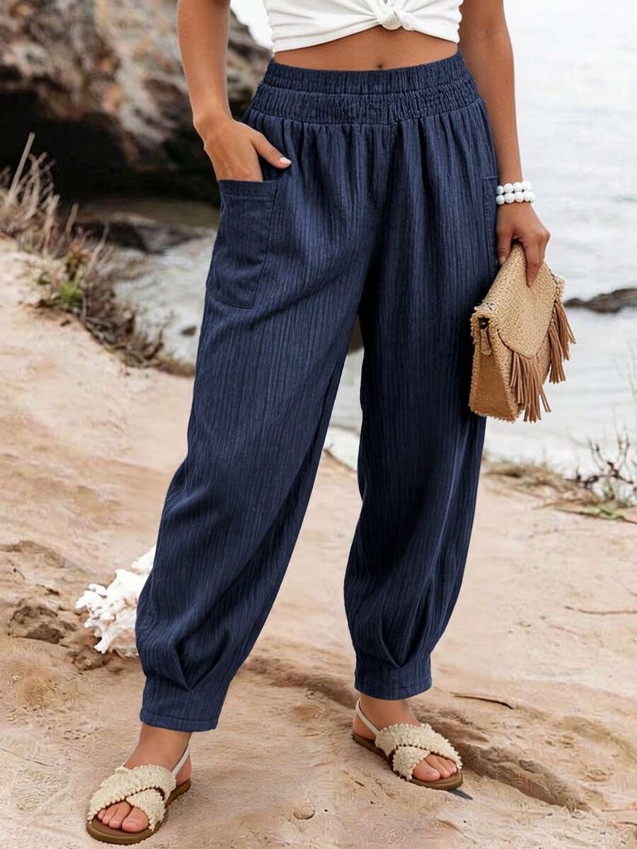 Ceyna Quần Harem mùa hè mới dành cho nữ cỡ lớn, kiểu dáng giản dị và tối giản, quần dài thanh lịch cho kỳ nghỉ, quần cạp chun có túi, màu trơn, quần Harem ống rộng xếp ly dài đến mắt cá chân. - Màu xanh hải quân - Xem 1