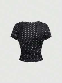 Sweetra 2pcs/Set Women's Fashionable Elegant Versatile Polka Dot Print Lace Patchwork Ruffle T-Shirt - Multicolor - View 9