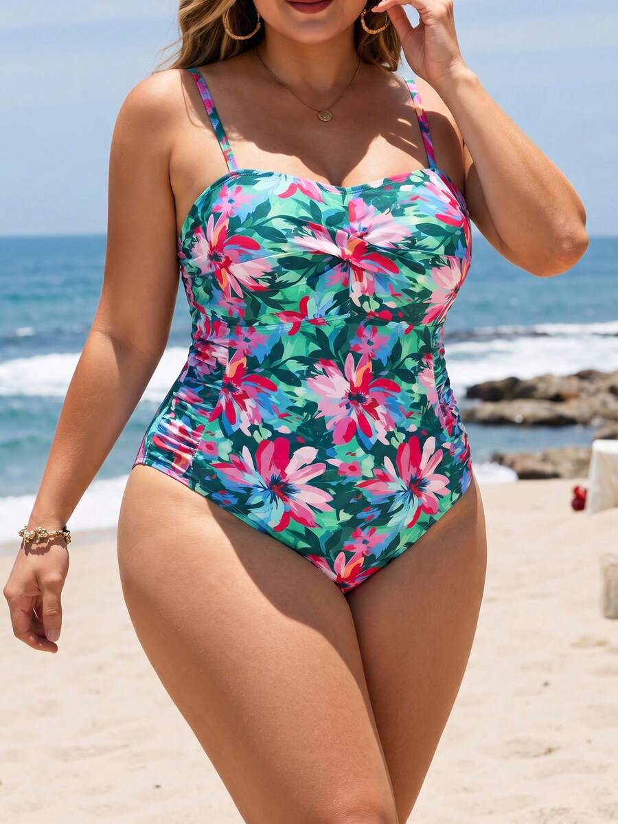 Swim Lushoire Plus Size Women Random Print Front Twist Decor One-Piece Swimsuit, Flattering For Beach Beach Vacation, Resort, Party Teal Summer - Multicolor - View 1