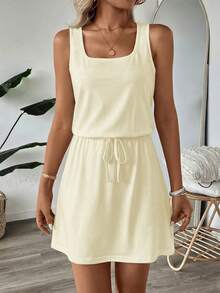 SHEIN LUNE Đầm ngắn 2 trong 1 màu mơ, phong cách đường phố tối giản, chất liệu cotton, dành cho nữ, thích hợp mặc mùa hè. - Màu be - Xem 7