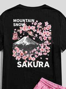 Manfinity Homme Japanese Ukiyo-E Sakura Tree Frame Print Casual Men's Standard Black Short Sleeve T-Shirt And Pink Shorts Set - Multicolor - View 2