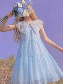 SHEIN Đầm cổ Peter Pan màu xanh nhạt thêu hình bướm cho bé gái, thích hợp mặc hàng ngày, dự tiệc sinh nhật, họp mặt. - Màu xanh nhạt - Xem 3
