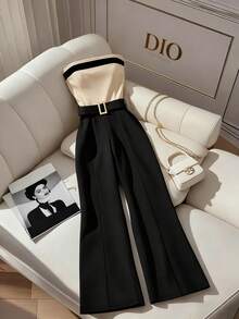 SHEIN PETITE Bộ jumpsuit nữ không dây vai, phối màu tương phản, khóa kim loại ở eo, ống rộng. - Nhiều màu - Xem 1