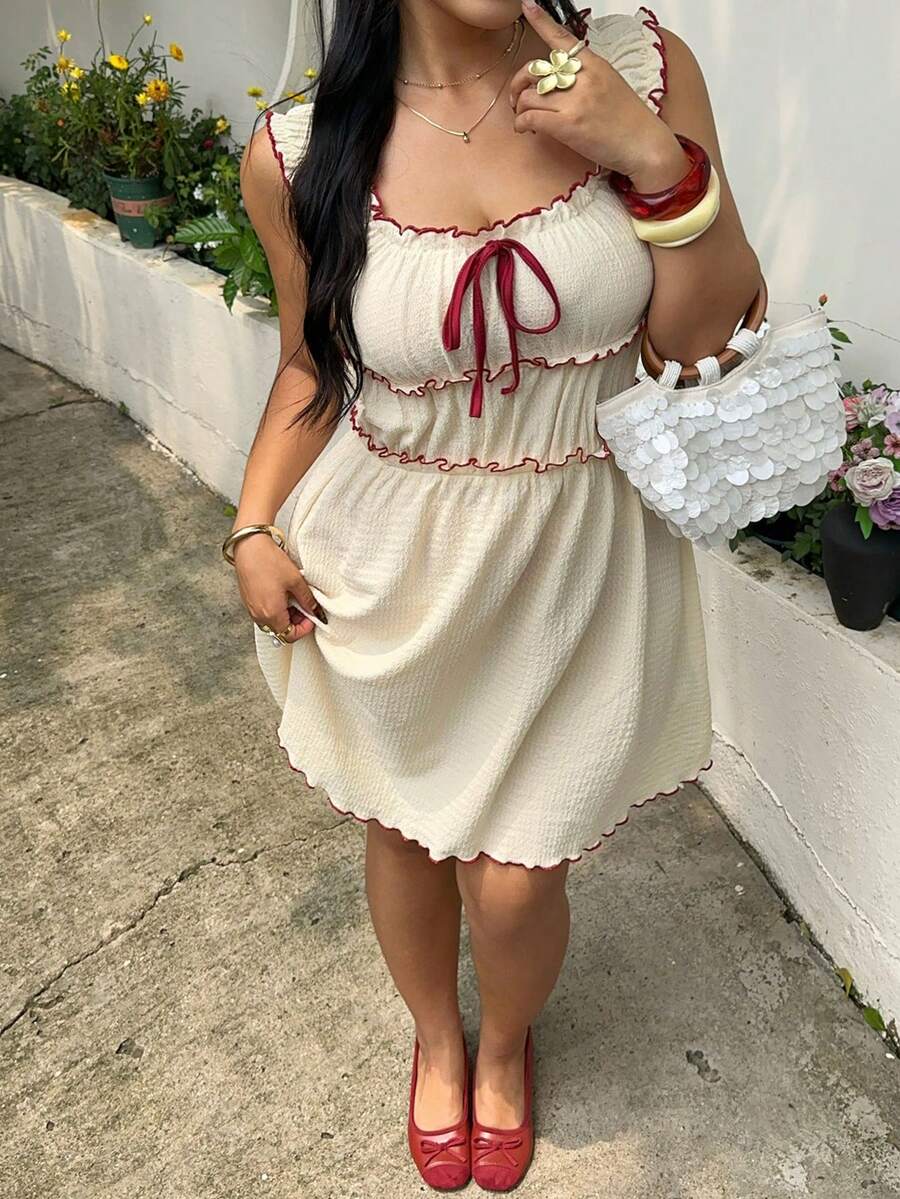 SHEIN EZwear Plus Size Casual Colorblock Trim Sleeveless Dress - Beige - View 1