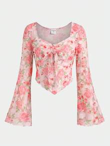 SHEIN Tween Girls' French Elegant Long Sleeve Textured Solid Color T-Shirt - Pink - View 2