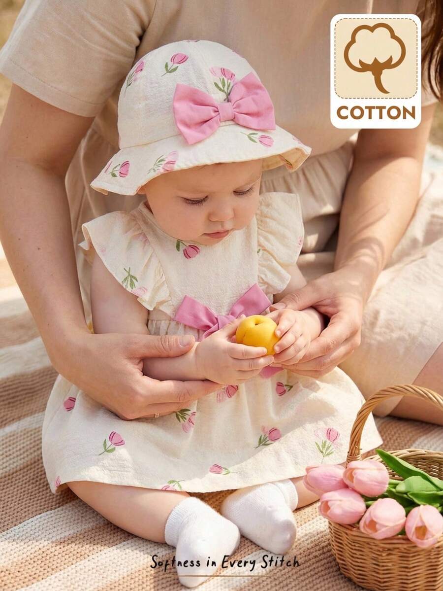 Cozy Pixies Đầm không tay cổ tròn, thắt eo, in hoa cho bé gái sơ sinh, phối màu tương phản, điểm nhấn nơ. - Hồng - Xem 1