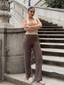 Marta Soriano Pantalones rectos holgados de estilo bohemio con patrón de cuentas en color marrón para mujer, de verano - Marrón - Ver 1