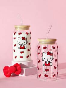 HELLO KITTY AND FRIENDS | SHEIN 1個 Kitty 500ml/16.91oz 高硼矽玻璃隨行杯，附吸管與吸管刷，雙面印花紅色蝴蝶結可愛卡通冰咖啡杯，大容量水杯，適合居家、旅行與送禮 - 無色 - 查看 2