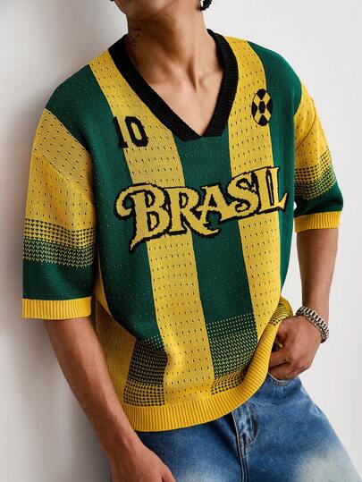 GALLERY FADE Men's Contrast Stripe & Letter Print V-Neck Short Sleeve Knit Top