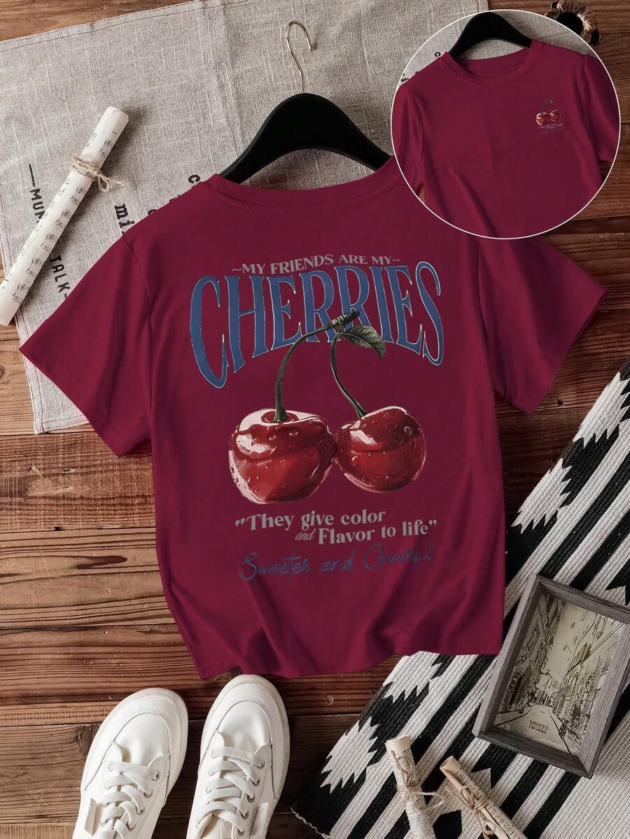 Glissea Camiseta de mujer de manga corta con cuello redondo y estampado de cerezas, de moda y versátil - Color caoba - Ver 1