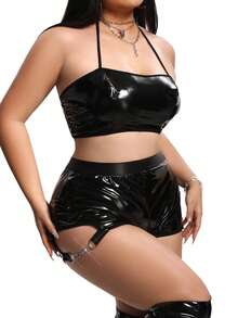 SHEIN Conjunto de lencería de camisola con empalme de cadena metálica y malla recubierta de PU, estilo punk, pionero de la moda, misterioso, clásico - Negro - Ver 1