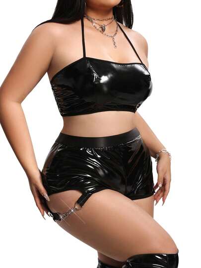 SHEIN Punk, Fashion Pioneer, Mysterious, Classic, Metal Chain & PU Coated Mesh Splice Camisole Lingerie Set