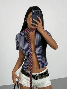 StreetHx 女士时尚多色条纹长袖衬衫 - 藏蓝色 - 查看 3