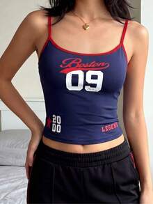 SHEIN ChillGRL Teen Girl Number Print Casual Street Style Sports Cami Tank Top - Navy Blue - View 3