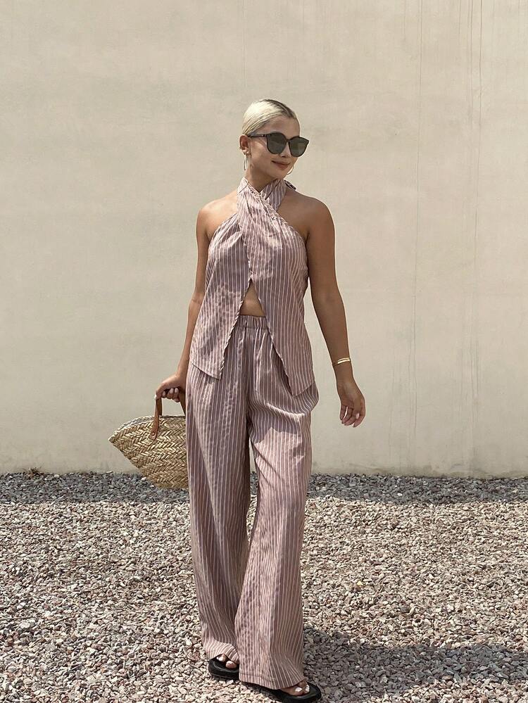 2pcs Women Casual Striped Backless Halter Top And Pants Set Lounge Sets For Women