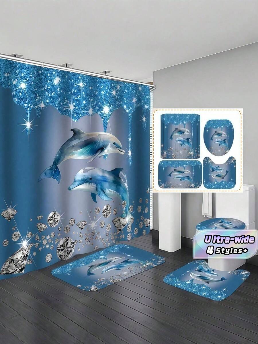 1PC/ 4PCS Luxury Dolphin Diamond Bath Curtain Set Premium Polyester Waterproof Mildew Resistant Extra Wide Bathroom Decor Sea Animal Print Home Spa Blue Silver Modern Style Trending Gifts - Multicolor - View 1