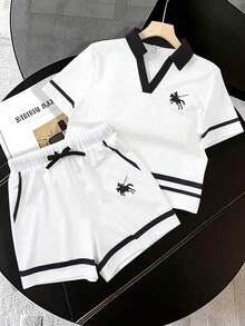 SHEIN Teen Girls'2pcs/Set Athletic Polo Collar Graphic Print Loose T-Shirt And Shorts Co-Ord Set,Summer White Back-To-School Holiday Uniform Outfits Suit - White - View 4