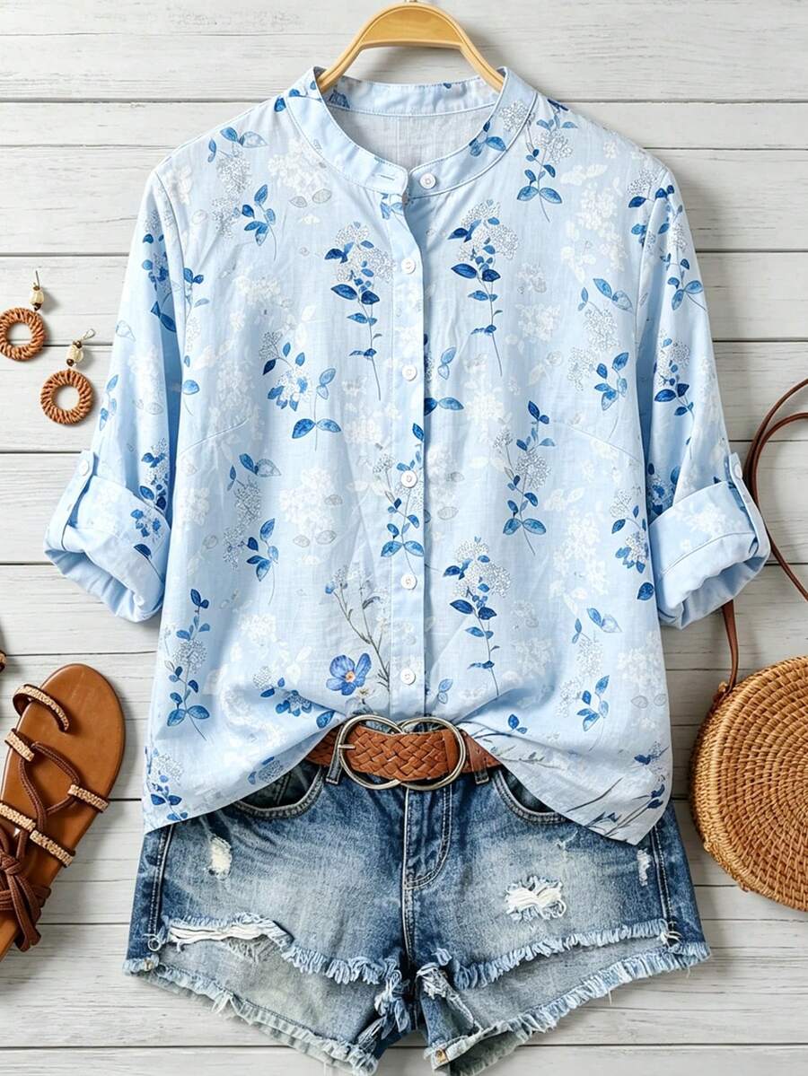 EMERY ROSE Plus Size Casual Botanical Print Front Button Roll-Up Sleeve Shirt - Multicolor - View 1