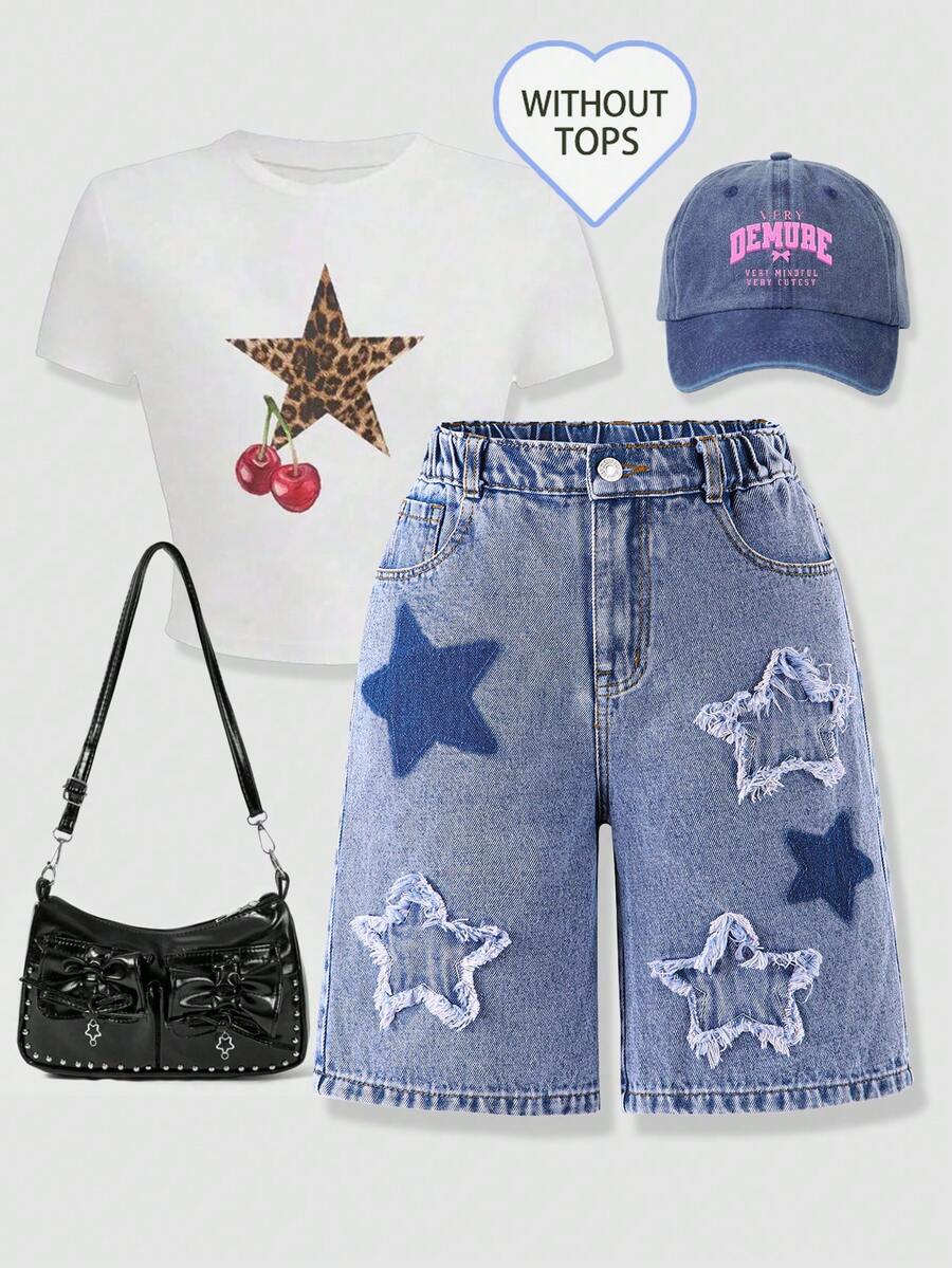 SHEIN ChillGRL Quần short denim ống đứng dáng rộng cho bé gái tuổi teen, họa tiết ngôi sao dễ thương phong cách Y2K, cạp chun, dáng rộng, phù hợp cho mùa hè năng động, có thể phối cùng áo thun hoặc áo sơ mi, thích hợp cho sinh hoạt hàng ngày, hoạt động ngoài trời và đi học.