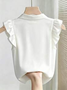 优雅白色荷叶边无袖雪纺衬衫，通勤时尚修身法式优雅夏季上衣 - 白色 - 查看 2