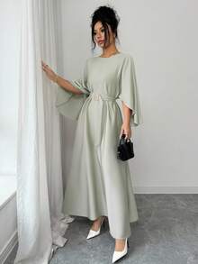 SHEIN Raffinéa Đầm nữ thanh lịch, tinh tế, tay cánh dơi, eo thon, màu kaki, thích hợp cho công sở và thường ngày, mùa xuân/hè. - xanh xám - Xem 3