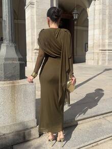 Đầm dài xếp ly thắt nơ thanh lịch dành cho nữ, mùa thu - xanh quân đội - Xem 2