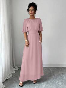 Modelyn Đầm maxi chiffon dáng suông, cổ tròn, tay bồng, bèo nhún, thanh lịch dành cho nữ, thích hợp cho mùa xuân/hè. - Hồng - Xem 5