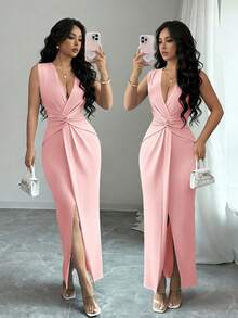 Rafferiza Elegante y grácil vestido sexy con cuello en V, cintura fruncida y abertura lateral, color azul claro, para primavera/verano - Rosa Pálido - Ver 5
