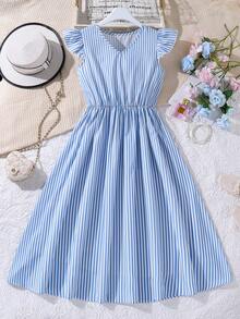 SHEIN Đầm casual tay ngắn kẻ sọc xanh trắng, thắt eo, thích hợp cho kỳ nghỉ, dạo chơi và mặc hàng ngày. - Màu xanh lam - Xem 7