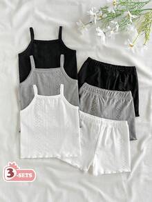 SHEIN Vintaside Kids 女婴舒适百搭甜美可爱吊带短裤套装，夏季多件套 - 彩色 - 查看 3