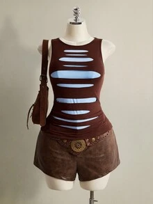 SHEIN ICON 大码女式 Y2K 网眼做旧撞色性感吊带背心 - 彩色 - 查看 3
