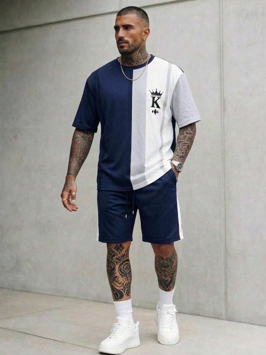 Mainfolk Set di magliette eleganti stampate da uomo, streetwear estivo blu navy per city break, outfit da 2 pezzi, pantaloncini stile baseball per pendolarismo e lifestyle, abbigliamento da uomo