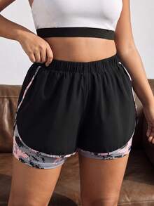 Maweii Short deportivo de 2 en 1 con estampado de camuflaje y short-sudadera talla grande - Negro - Ver 2