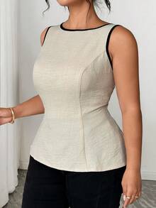 Elenzga Plus Size Summer Casual Vacation French Retro Elegant Commuting Cinching Waist Tie Contrast Color Blouse - Apricot - View 6