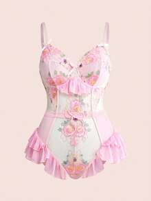 ROMWE Fairycore 仙女刺绣花卉钢圈手工性感连体衣 - 粉色 - 查看 1