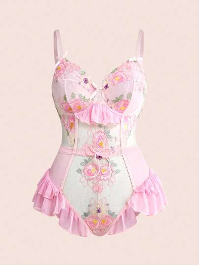 ROMWE Fairycore Feenhaft bestickter Blumen-Unterbügel-Bodysuit, handgefertigt und sexy