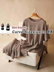SHEIN CURVE+ 大码两件套：夏季度假T恤和短裤，女士春季夏季服装 - 彩色 - 查看 8