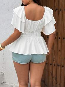Sunnyshic Plus Size Women Ruffle Sleeve Cinched Waist Blouse - White - View 2
