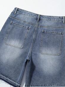 ROMWE MEN Street Life Men's Casual Denim Shorts With Pockets & Rhinestone Letter Pattern - Blue - View 3