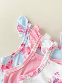 SHEIN Playful Pals 3件装女婴荷叶边吊带连衣裙，条纹搭配彩色花卉和粉色图案连衣裙，甜美可爱，适合夏季、度假和玩耍。 - 彩色 - 查看 7