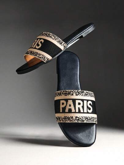 Denimoi Sandalias planas elegantes sin cordones con bordado de París para mujer