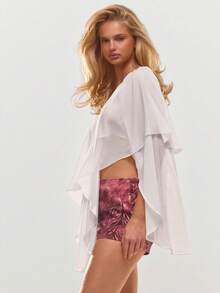 Textured Floaty Chiffon V-Neck Frill Blouse Summer Holiday Vacation Beach Ibiza Cute Festival Elegant Cherry Moon - White - View 3