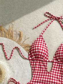 Soleia Women's One-Piece Backless Red Plaid Print Beach Vacation Outfit - Multicolor - View 3