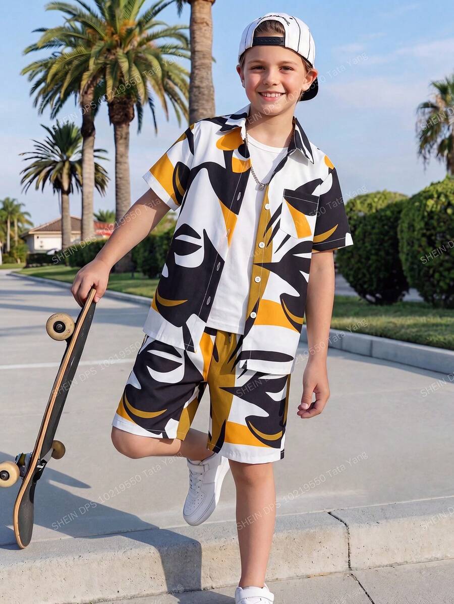 SHEIN Vacaura Tween Boy Graphic Print Shirt & Shorts Without Tee, School, Campus, College - Multicolor - View 1