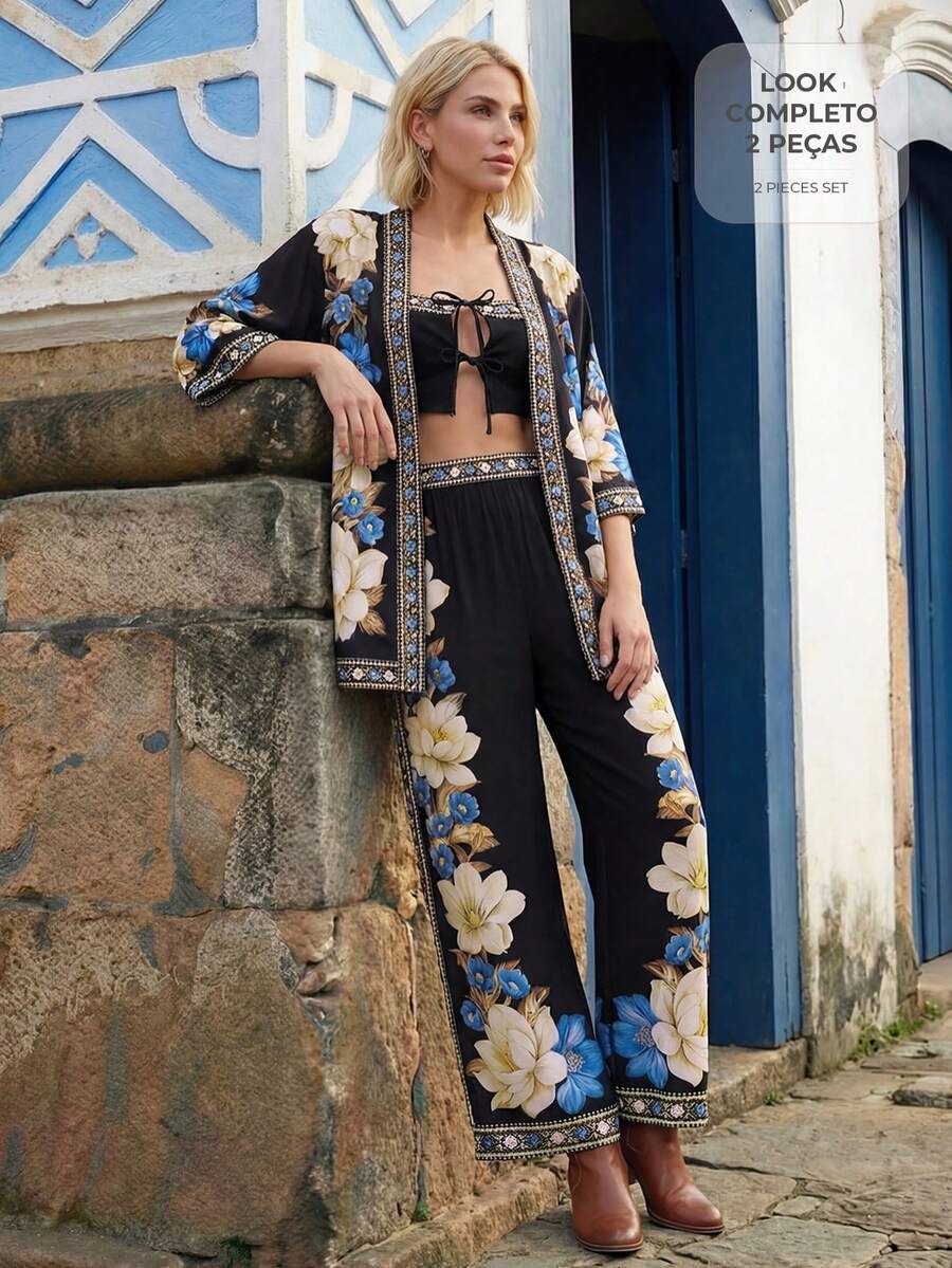 CAJUNI Conjunto Top E Calça Boho Preto Estilo Envelope Com Estampa Floral - Black - View 1