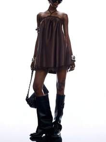 LYSMO 2026 New Arrive Minimalism Spring/Summer Solid Color Halter Spaghetti Strap Backless Sleeveless Fashion Dress Going Out Club Night Out Party - Coffee Brown - View 4