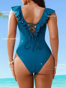 Shapewave Women's Elegant Sexy Teal Blue Deep V-Neck Ruffled One-Piece Swimsuit,Summer Beach Vacation Holiday,Removable Straps,Tummy Control Cute Y2K Style - Teal Blue - View 2