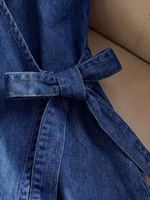Vestido vaquero casual de mujer con camisola de unicolor y lazo - Azul lavado oscuro - Ver 4