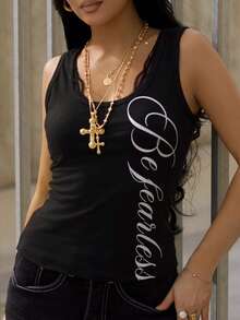 AfricaSnchz 女式黑色百搭通勤 U 领无袖黑色背心，带银色英文字母印花，修身街头风格，适合学校、返校 - 黑色 - 查看 3