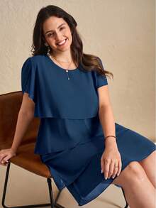 Chikora Plus Size Women Solid Color Round Neck Ruffle Sleeve Casual Dress - Teal Blue - View 7